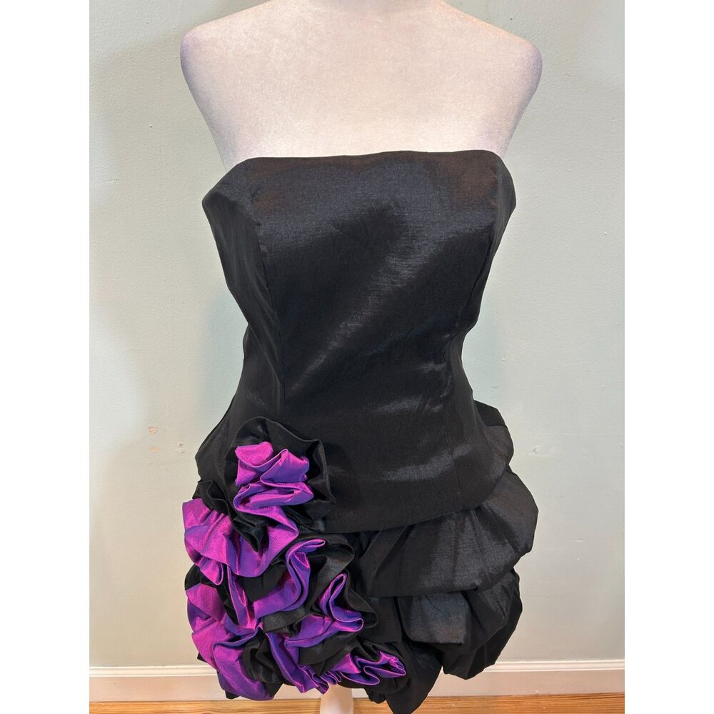 Camille La Vie Bubble Mini Strapless Formal Dress Size 12 Black Purple Ruffle